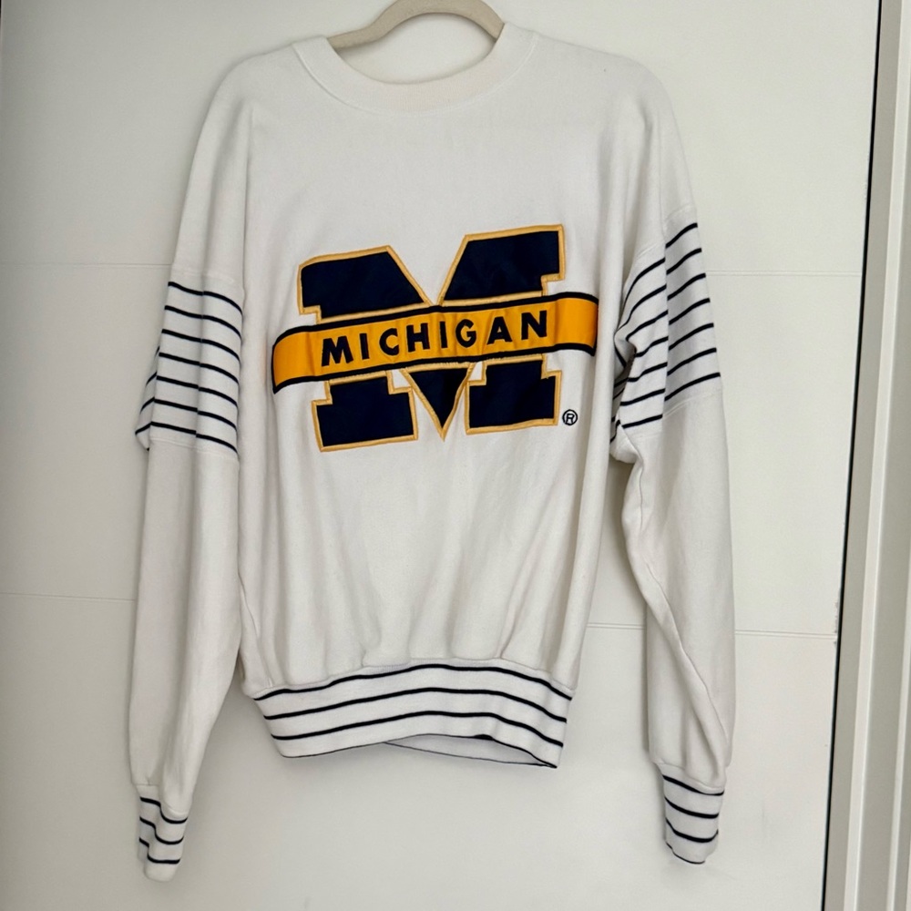 UNIVERSITY OF MICHIGAN, LARGE, VINTAGE WHITE STRIPE CREWNECK